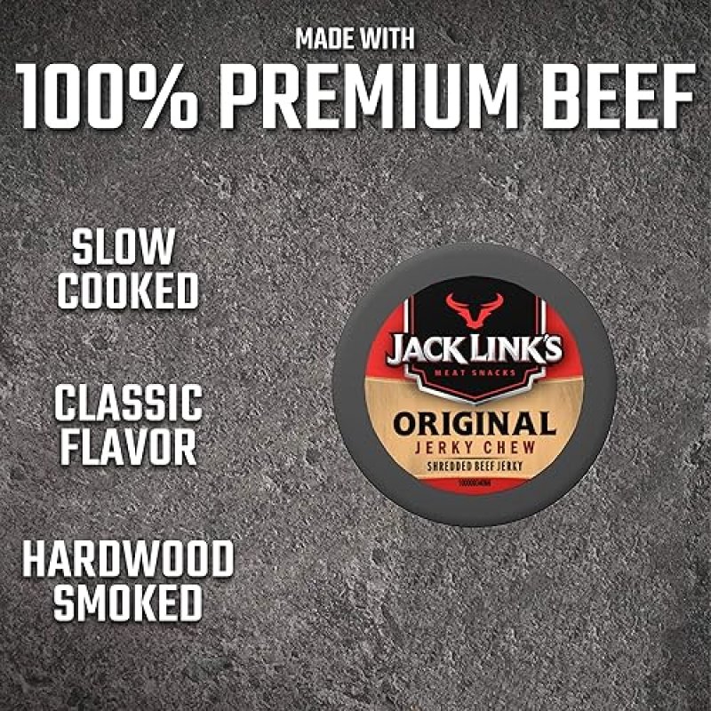 JACK LINKS ORIGINAL BEEF JERKY CHEW, 100 BEEF PROTEIN SNACK, 0.32OZ TIN, PACK OF 72