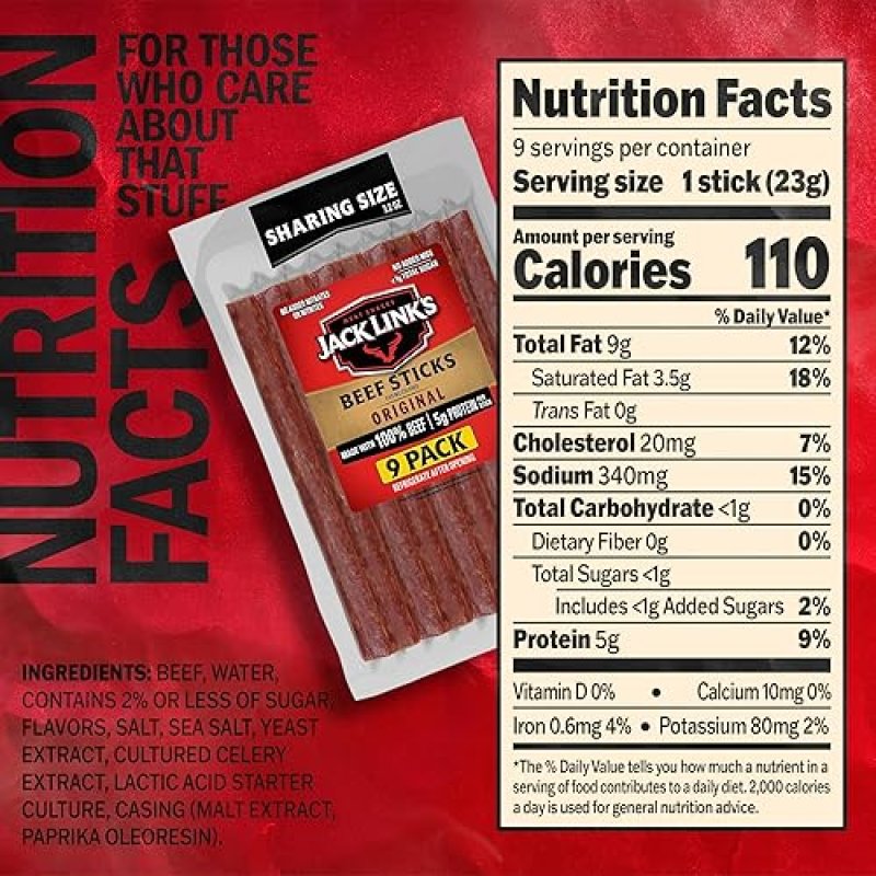 JACK LINKS ORIGINAL BEEF STICKS 7.2 OZ - 100 BEEF PROTEIN SNACK, KETO FRIENDLY MEAT STICK