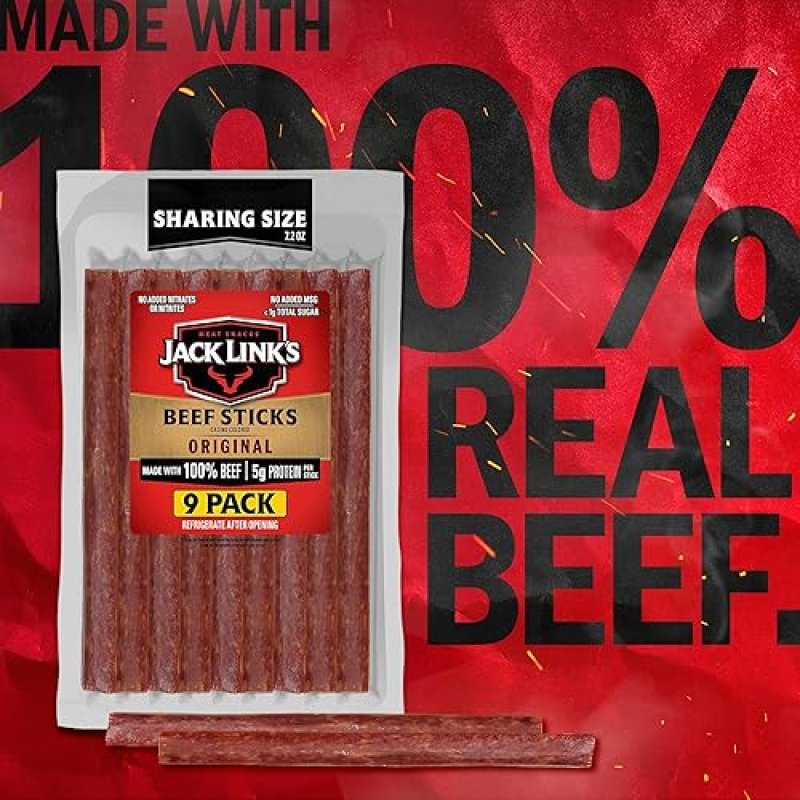 JACK LINKS ORIGINAL BEEF STICKS 7.2 OZ - 100 BEEF PROTEIN SNACK, KETO FRIENDLY MEAT STICK