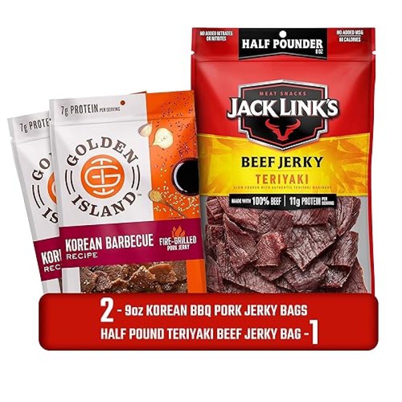JACK LINKS TERIYAKI BEEF JERKY ½ LB GOLDEN ISLAND KOREAN BBQ PORK JERKY 9 OZ, 3 PACK BUNDLE