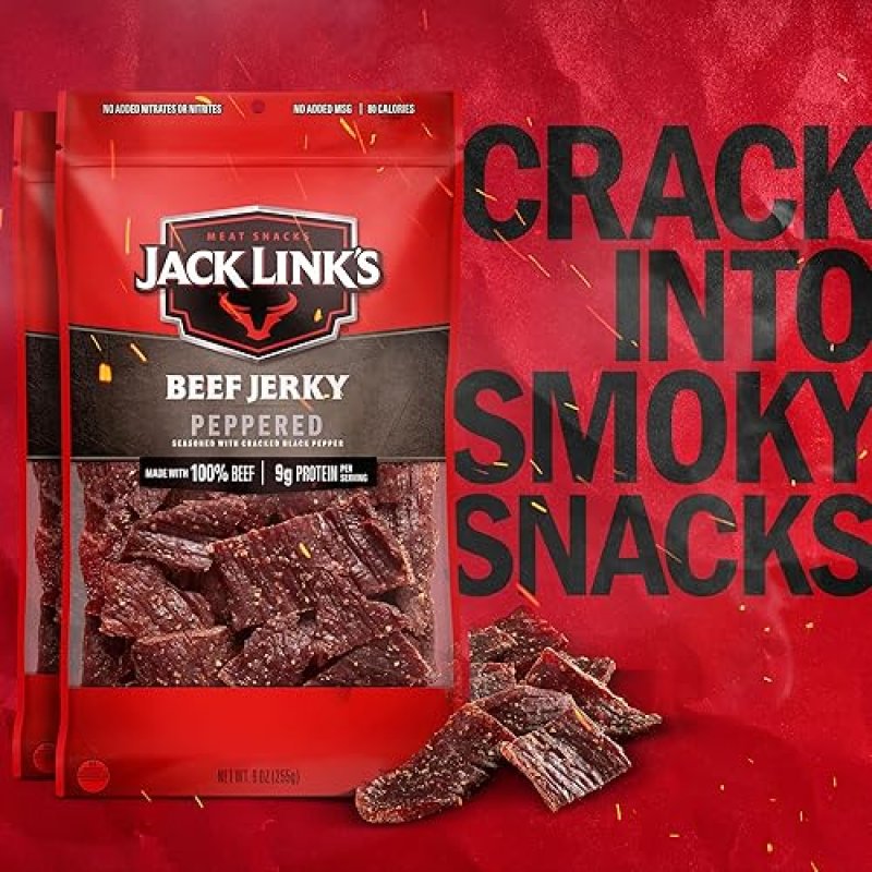 JACK LINKS PEPPERED BEEF JERKY 9OZ 2 PACK - 100 REAL BEEF, HIGH PROTEIN SNACK, READY TO EAT