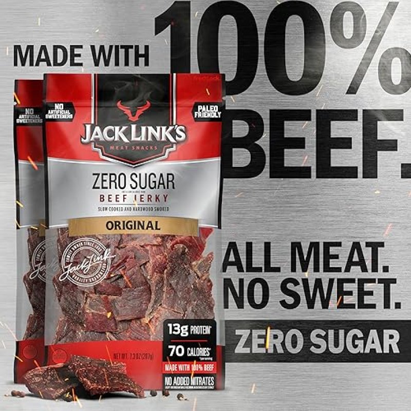 JACK LINKS ORIGINAL ZERO SUGAR BEEF JERKY 2 PACK 7.3OZ - HIGH PROTEIN, 100 REAL BEEF SNACK