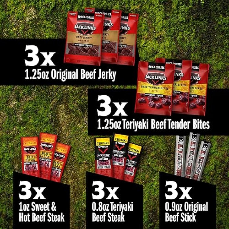 JACK LINKS BEEF JERKY VARIETY PACK - 15 ASSORTED MEAT SNACKS - 100 REAL BEEF GIFT FOR HIM