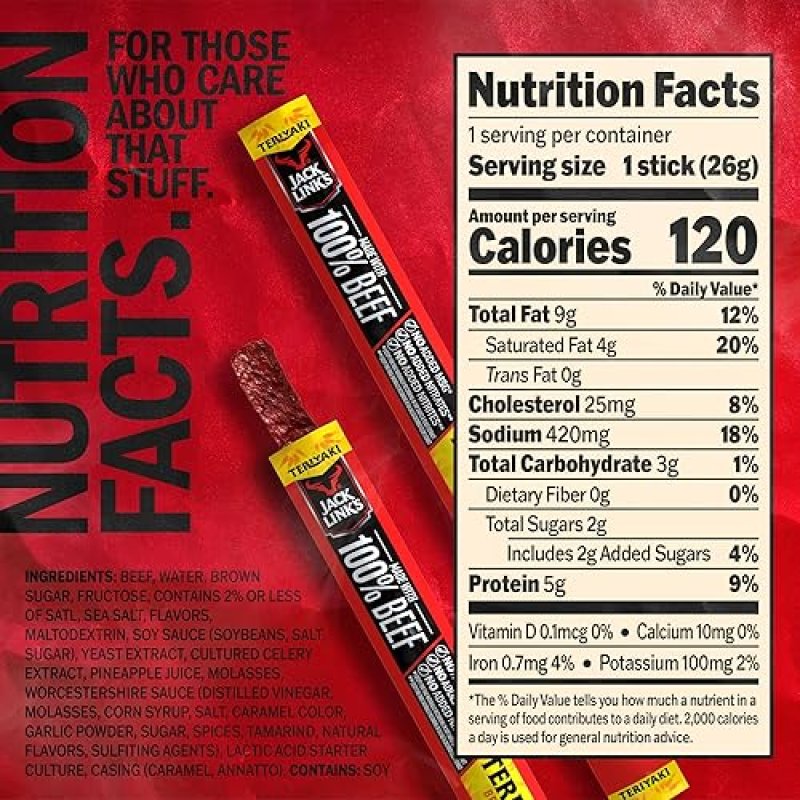 JACK LINKS TERIYAKI BEEF STICKS - 5G PROTEIN, 100 BEEF, KETO FRIENDLY, 20 COUNT, 0.92 OZ