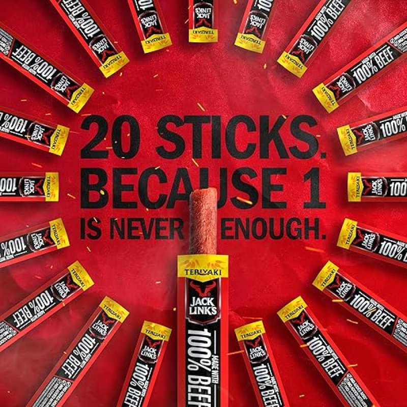 JACK LINKS TERIYAKI BEEF STICKS - 5G PROTEIN, 100 BEEF, KETO FRIENDLY, 20 COUNT, 0.92 OZ