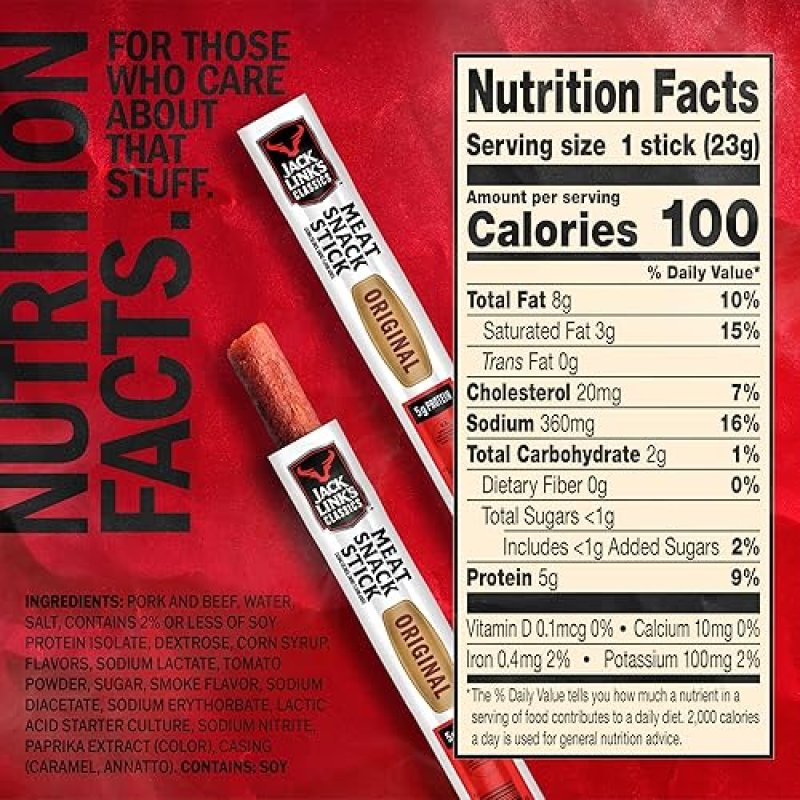 JACK LINKS ORIGINAL MEAT STICKS, 5G PROTEIN, BEEF PORK, KETO FRIENDLY, 20 PACK, 0.8OZ EACH