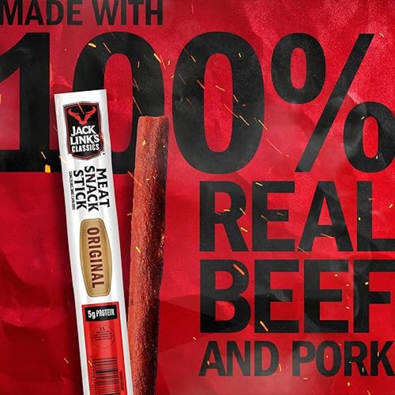 JACK LINKS ORIGINAL MEAT STICKS, 5G PROTEIN, BEEF PORK, KETO FRIENDLY, 20 PACK, 0.8OZ EACH