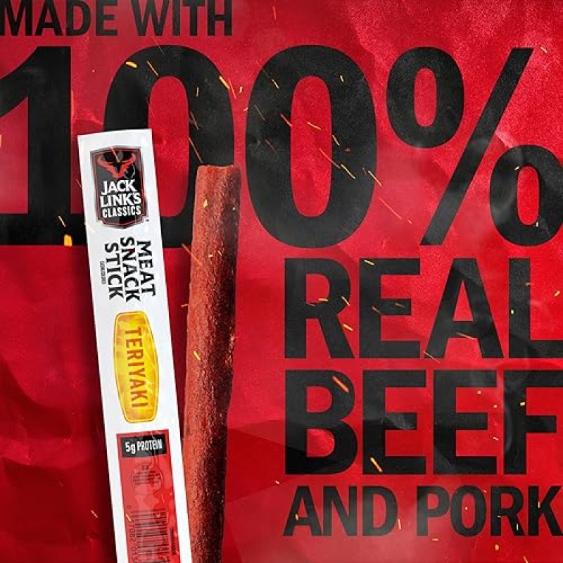 JACK LINKS TERIYAKI MEAT STICKS, 5G PROTEIN, BEEF PORK, KETO FRIENDLY, 20 PACK, 0.8 OZ