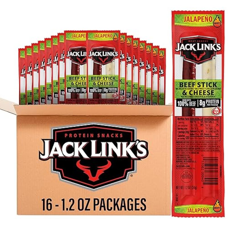 JACK LINKS JALAPENO BEEF CHEESE SNACK PACK, 16 COUNT, 100 BEEF, REAL WISCONSIN CHEESE
