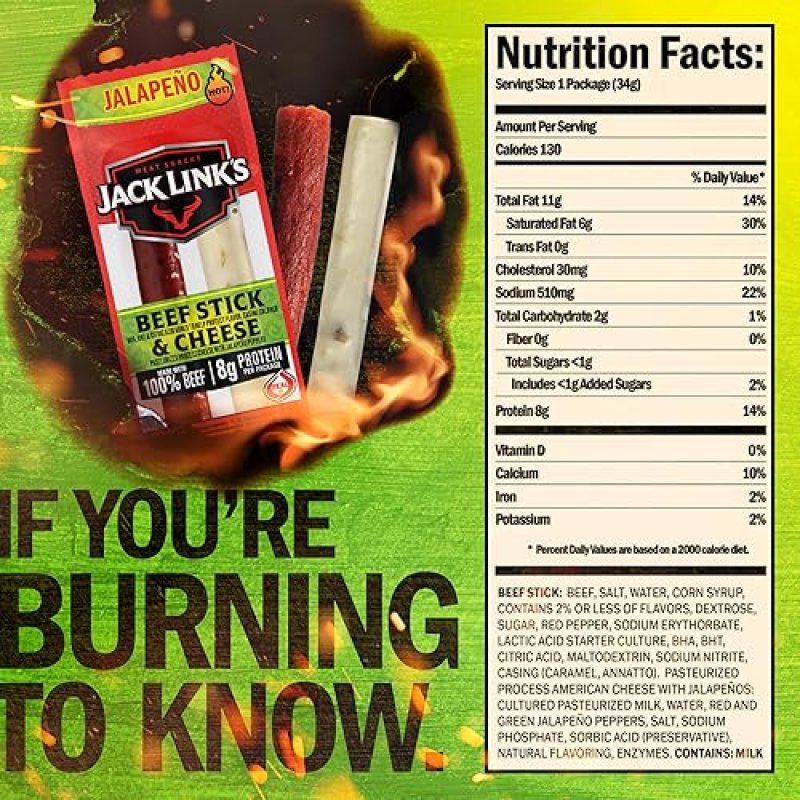 JACK LINKS JALAPENO BEEF CHEESE SNACK PACK, 16 COUNT, 100 BEEF, REAL WISCONSIN CHEESE