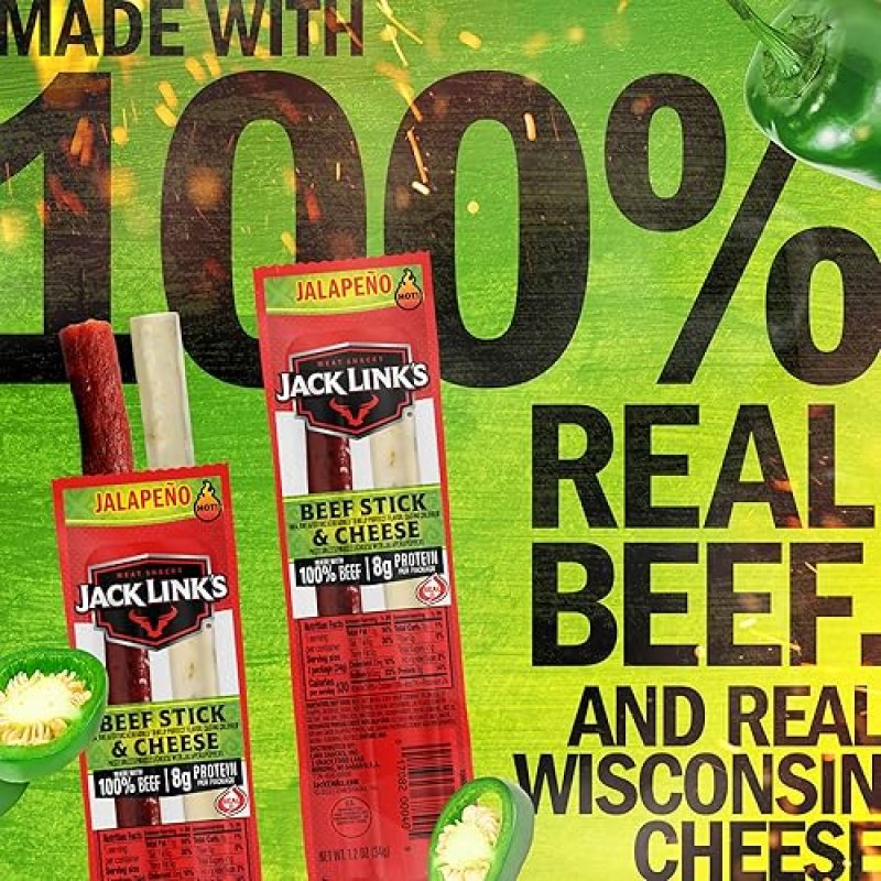 JACK LINKS JALAPENO BEEF CHEESE SNACK PACK, 16 COUNT, 100 BEEF, REAL WISCONSIN CHEESE