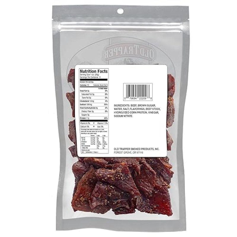 OLD TRAPPER PEPPERED BEEF JERKY 8OZ SPICY HIGH PROTEIN SNACK, LOW FAT, 70 CALORIES