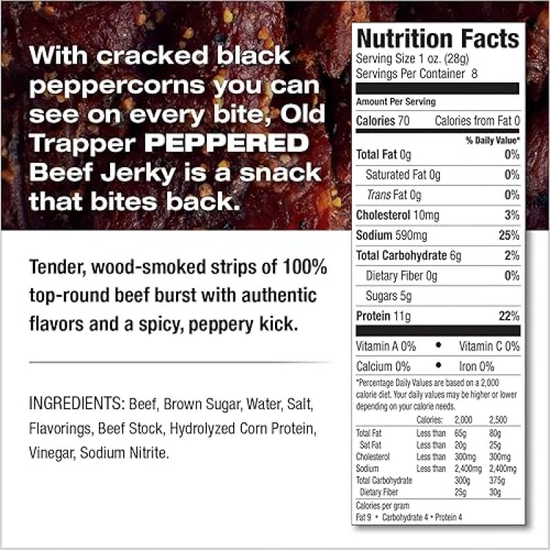 OLD TRAPPER PEPPERED BEEF JERKY 8OZ SPICY HIGH PROTEIN SNACK, LOW FAT, 70 CALORIES