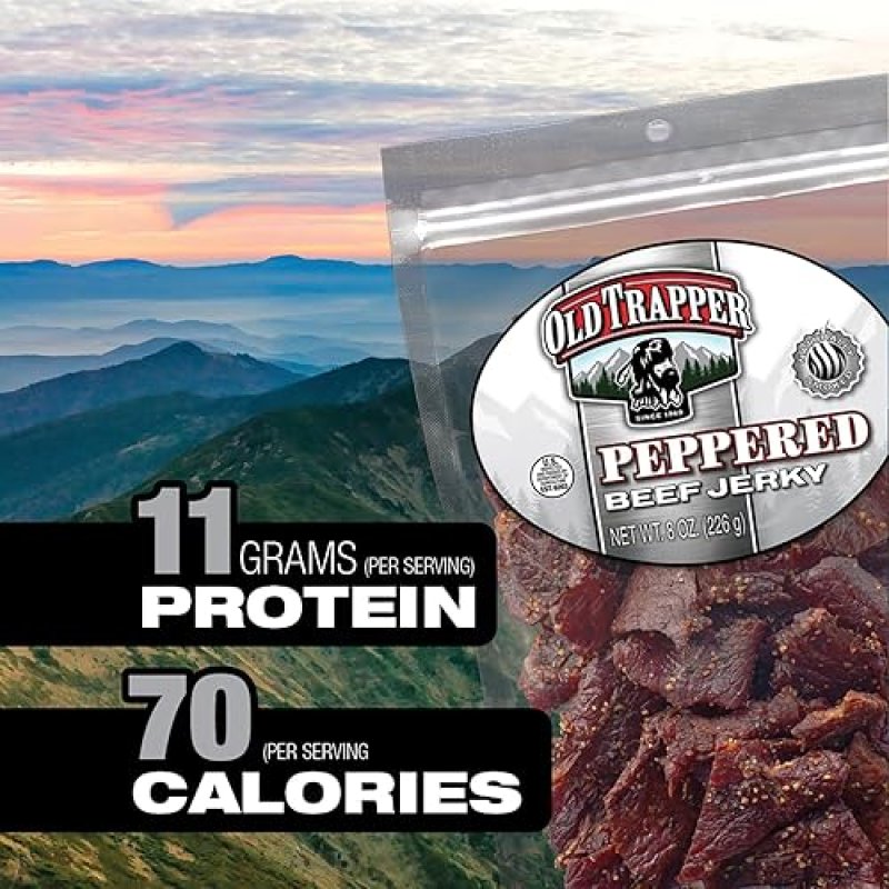 OLD TRAPPER PEPPERED BEEF JERKY 8OZ SPICY HIGH PROTEIN SNACK, LOW FAT, 70 CALORIES