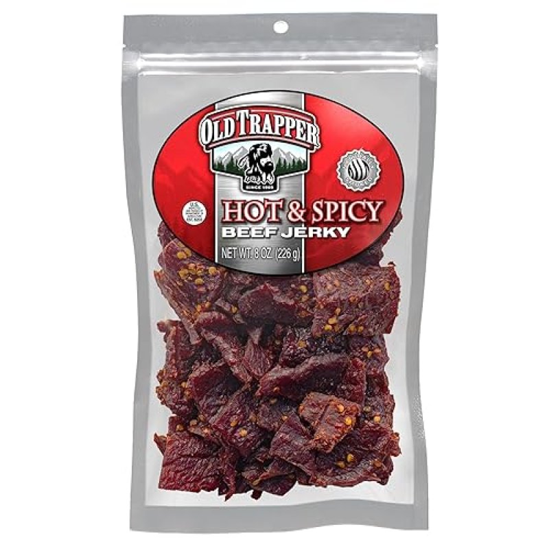 OLD TRAPPER HOT SPICY BEEF JERKY 8OZ TENDER, HIGH PROTEIN MEAT SNACK, 70 CALORIES