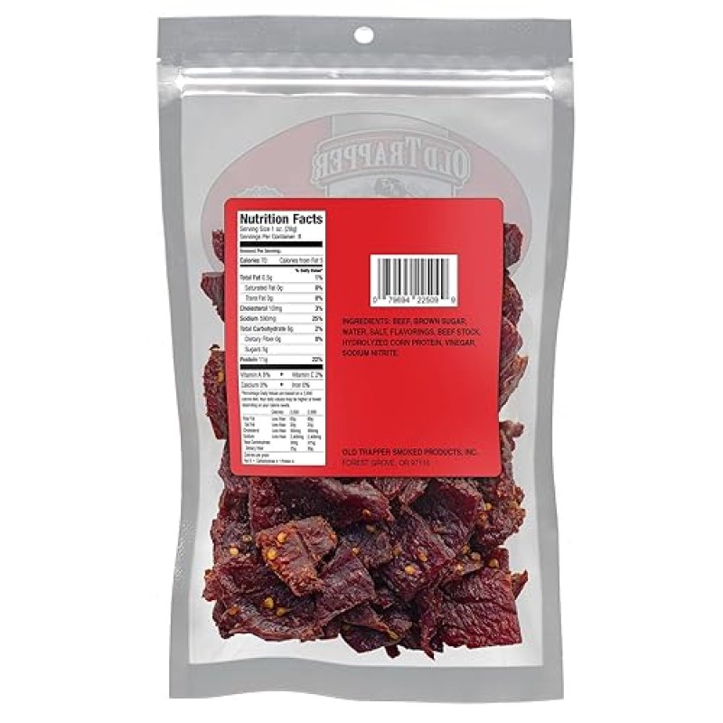 OLD TRAPPER HOT SPICY BEEF JERKY 8OZ TENDER, HIGH PROTEIN MEAT SNACK, 70 CALORIES
