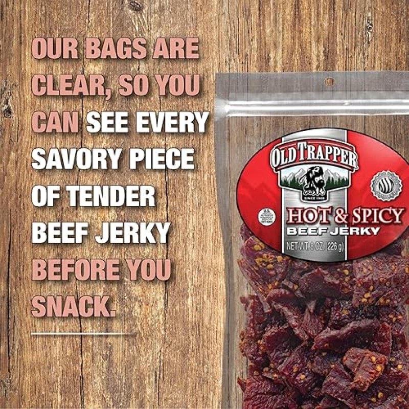 OLD TRAPPER HOT SPICY BEEF JERKY 8OZ TENDER, HIGH PROTEIN MEAT SNACK, 70 CALORIES