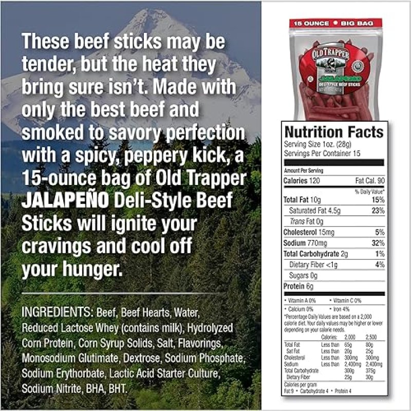 OLD TRAPPER JALAPEñO BEEF STICKS 15OZ SPICY, HIGH PROTEIN, SUGAR-FREE SNACK PACK