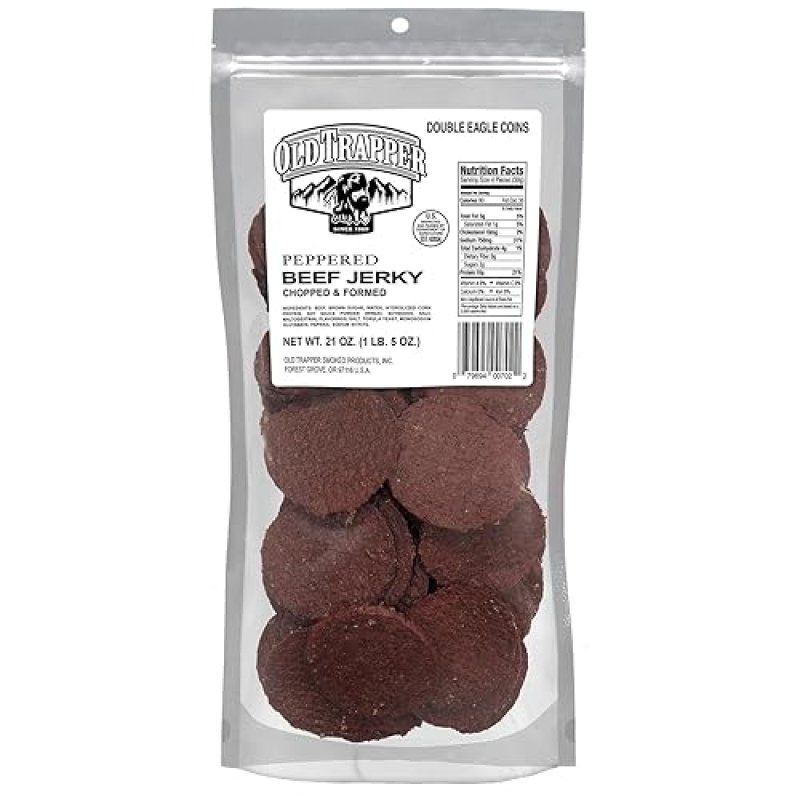 OLD TRAPPER PEPPERED DOUBLE EAGLE BEEF JERKY - REAL WOOD SMOKED, 10G PROTEIN, 80 PIECES BAG