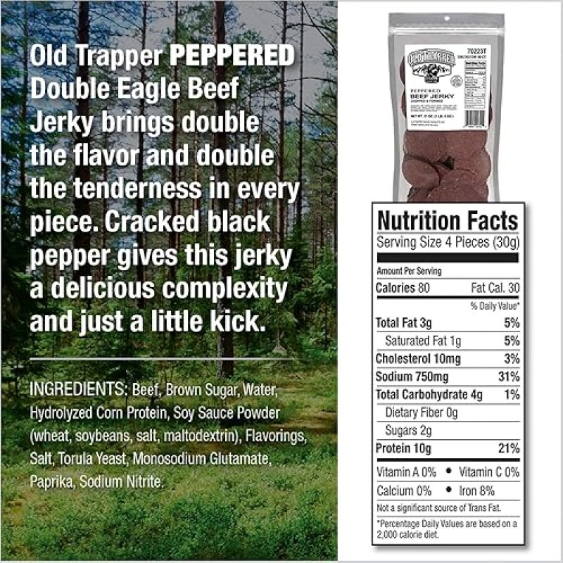 OLD TRAPPER PEPPERED DOUBLE EAGLE BEEF JERKY - REAL WOOD SMOKED, 10G PROTEIN, 80 PIECES BAG