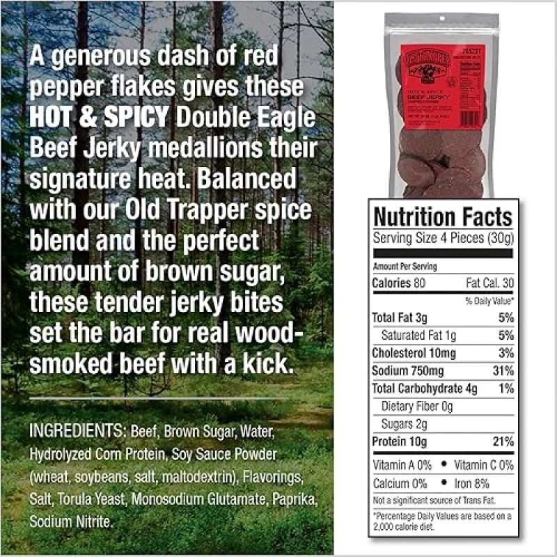 OLD TRAPPER DOUBLE EAGLE HOT SPICY BEEF JERKY 21OZ NATURAL WOOD SMOKED HIGH PROTEIN SNACK