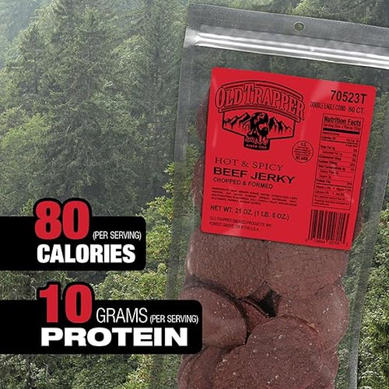 OLD TRAPPER DOUBLE EAGLE HOT SPICY BEEF JERKY 21OZ NATURAL WOOD SMOKED HIGH PROTEIN SNACK