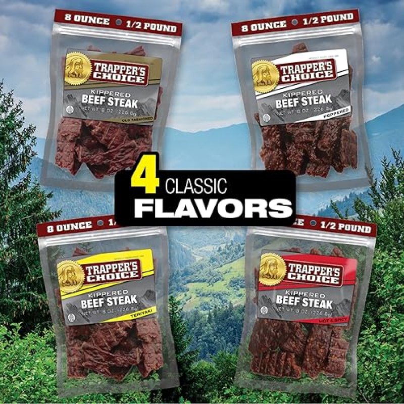 OLD TRAPPER PEPPERED KIPPERED STEAK 8OZ SPICY MEAT SNACK 11G PROTEIN 70 CALORIES PACK OF 1