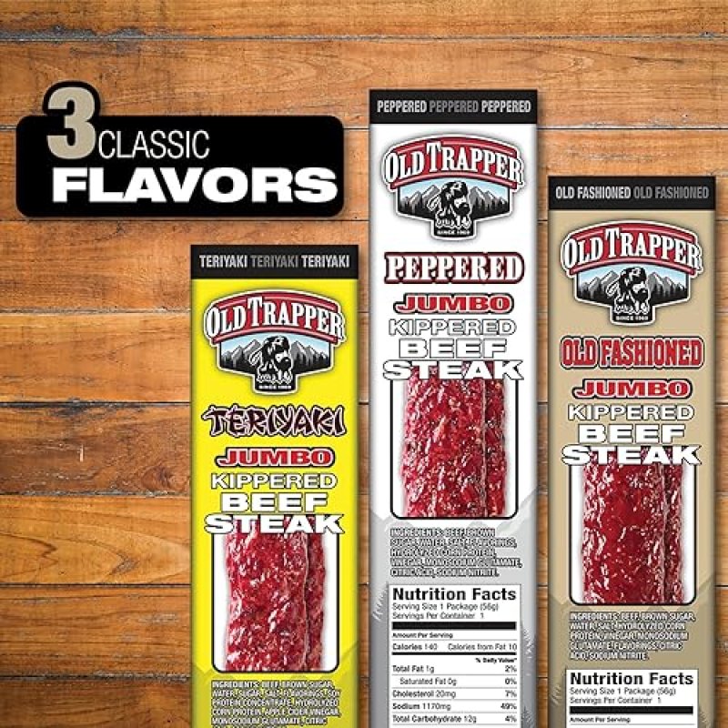 OLD TRAPPER KIPPERED STEAK SNACK PACK, 2OZ INDIVIDUALLY WRAPPED, 22G PROTEIN, 12-PACK