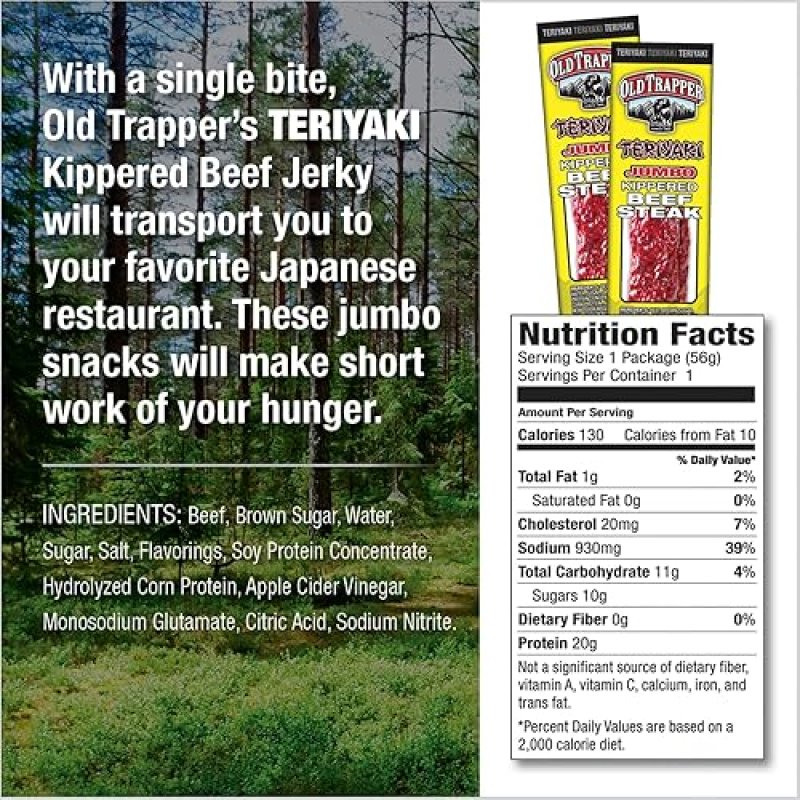 OLD TRAPPER TERIYAKI KIPPERED STEAK SNACK, 2OZ INDIVIDUALLY WRAPPED, 22G PROTEIN, PACK OF 12