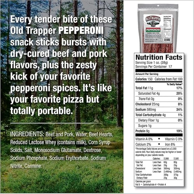 OLD TRAPPER PEPPERONI SNACK STICKS 17OZ RESEALABLE BAG NATURAL WOOD SMOKED MEAT STICKS