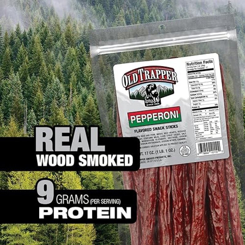 OLD TRAPPER PEPPERONI SNACK STICKS 17OZ RESEALABLE BAG NATURAL WOOD SMOKED MEAT STICKS