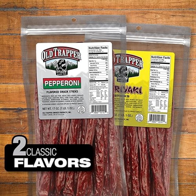 OLD TRAPPER PEPPERONI SNACK STICKS 17OZ RESEALABLE BAG NATURAL WOOD SMOKED MEAT STICKS