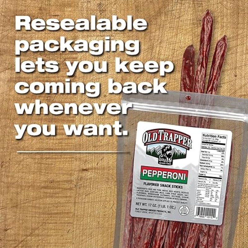 OLD TRAPPER PEPPERONI SNACK STICKS 17OZ RESEALABLE BAG NATURAL WOOD SMOKED MEAT STICKS