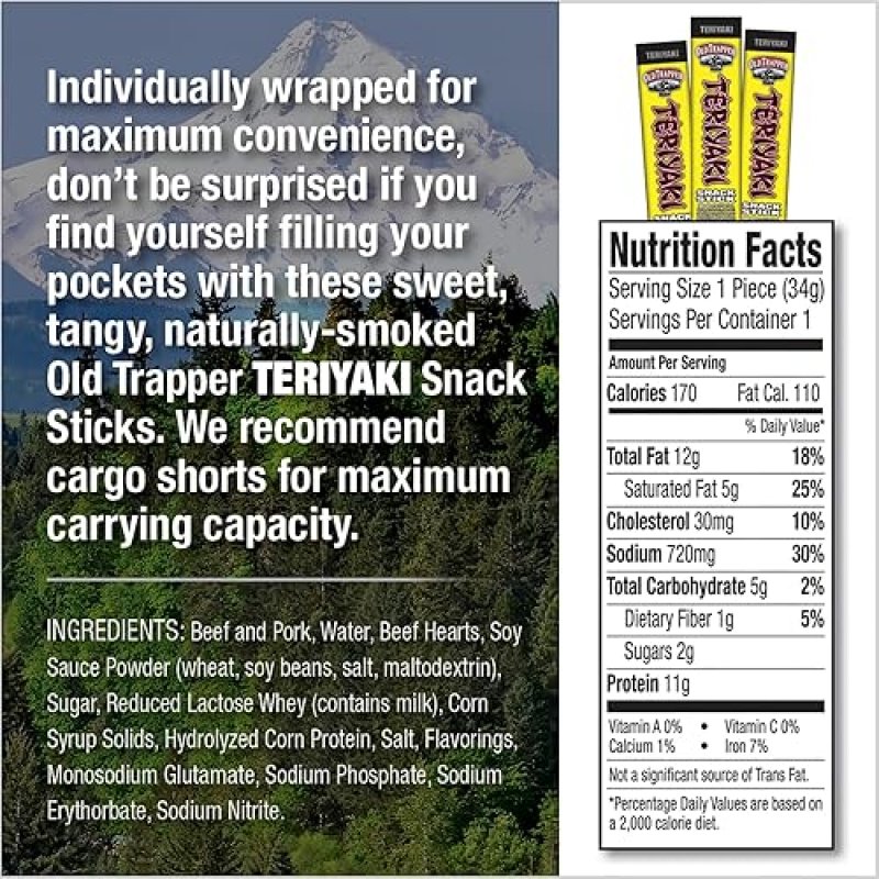 OLD TRAPPER TERIYAKI SNACK STICKS 1.2OZ, NATURAL WOOD SMOKED MEAT, 11G PROTEIN, 24 PACK