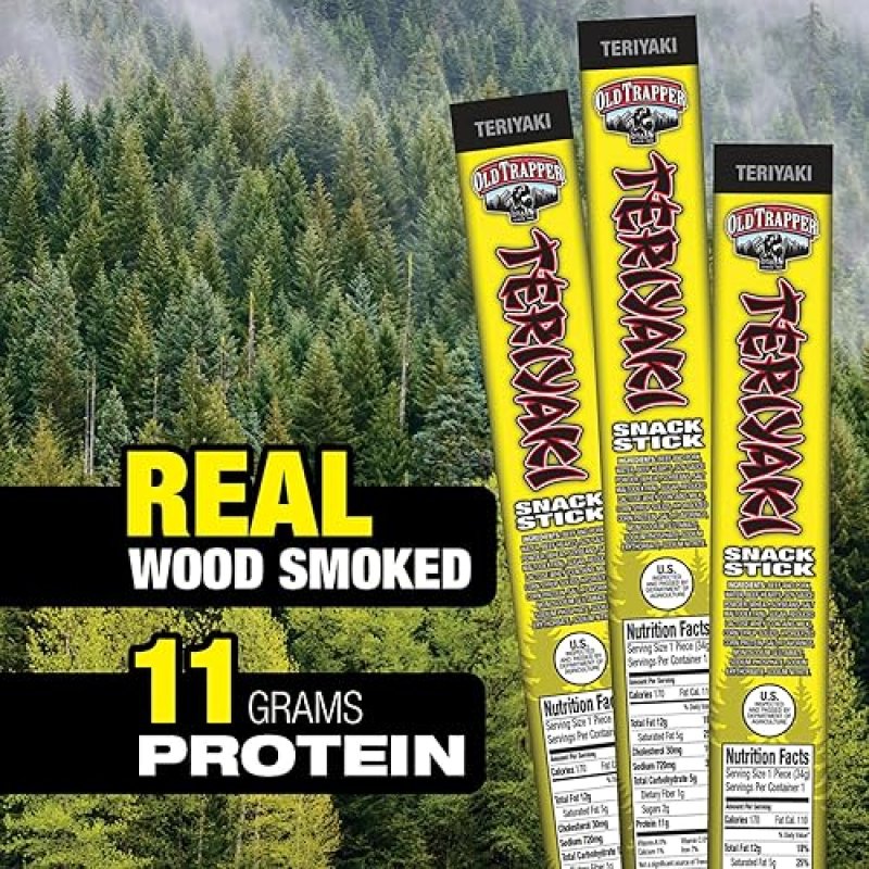 OLD TRAPPER TERIYAKI SNACK STICKS 1.2OZ, NATURAL WOOD SMOKED MEAT, 11G PROTEIN, 24 PACK