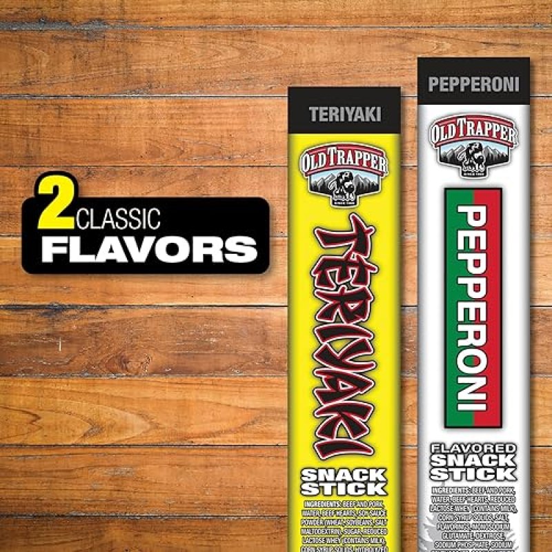 OLD TRAPPER TERIYAKI SNACK STICKS 1.2OZ, NATURAL WOOD SMOKED MEAT, 11G PROTEIN, 24 PACK