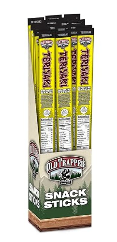 OLD TRAPPER TERIYAKI SNACK STICKS 1.2OZ, NATURAL WOOD SMOKED MEAT, 11G PROTEIN, 24 PACK