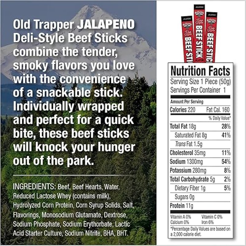 OLD TRAPPER JALAPEñO SAUSAGE STICKS, 1.75 OZ, HIGH PROTEIN, SUGAR-FREE, 26 PACK