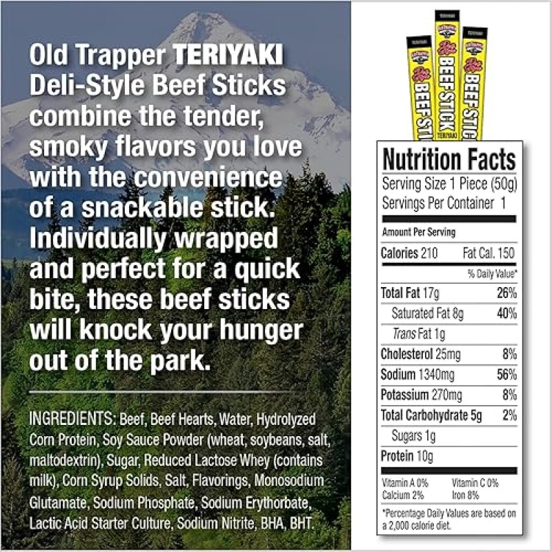 OLD TRAPPER TERIYAKI SAUSAGE STICKS, 1.75OZ INDIVIDUALLY WRAPPED, 10G PROTEIN, PACK OF 26