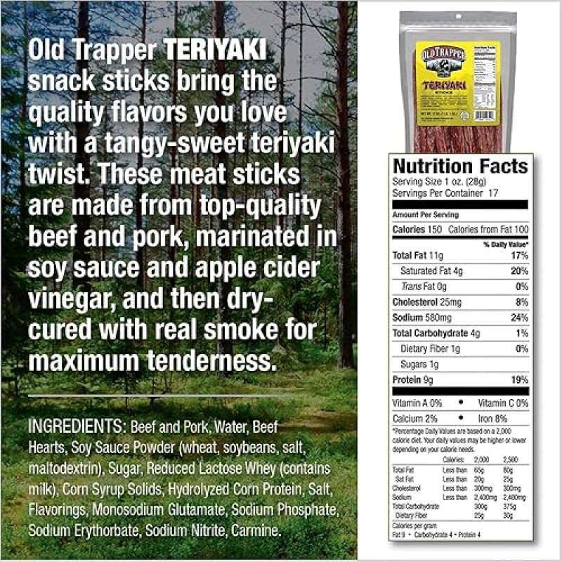 OLD TRAPPER TERIYAKI SNACK STICKS 17OZ RESEALABLE BAG NATURAL SMOKED MEAT HIGH PROTEIN