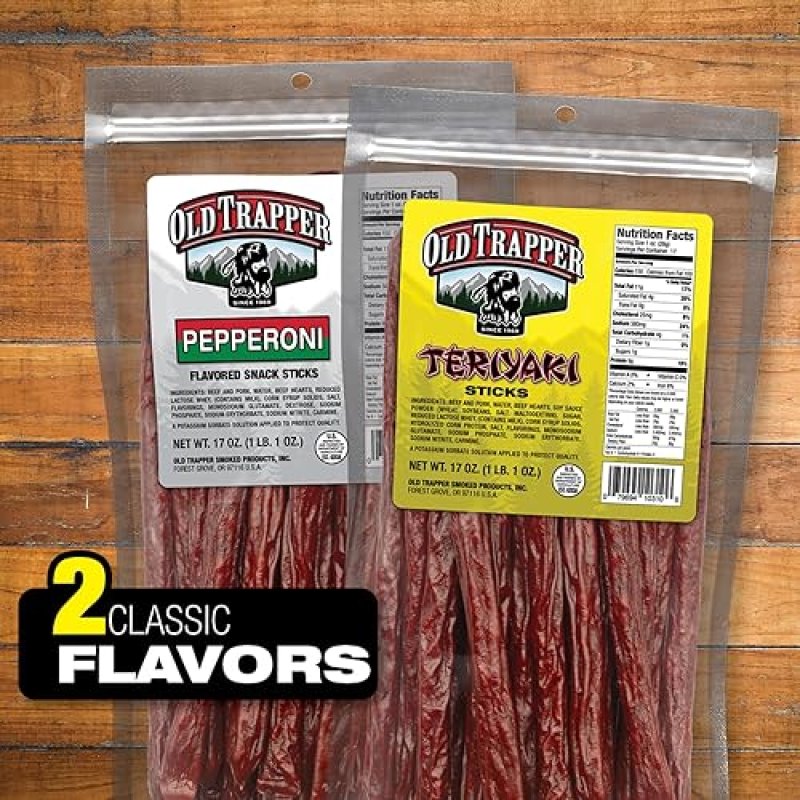 OLD TRAPPER TERIYAKI SNACK STICKS 17OZ RESEALABLE BAG NATURAL SMOKED MEAT HIGH PROTEIN