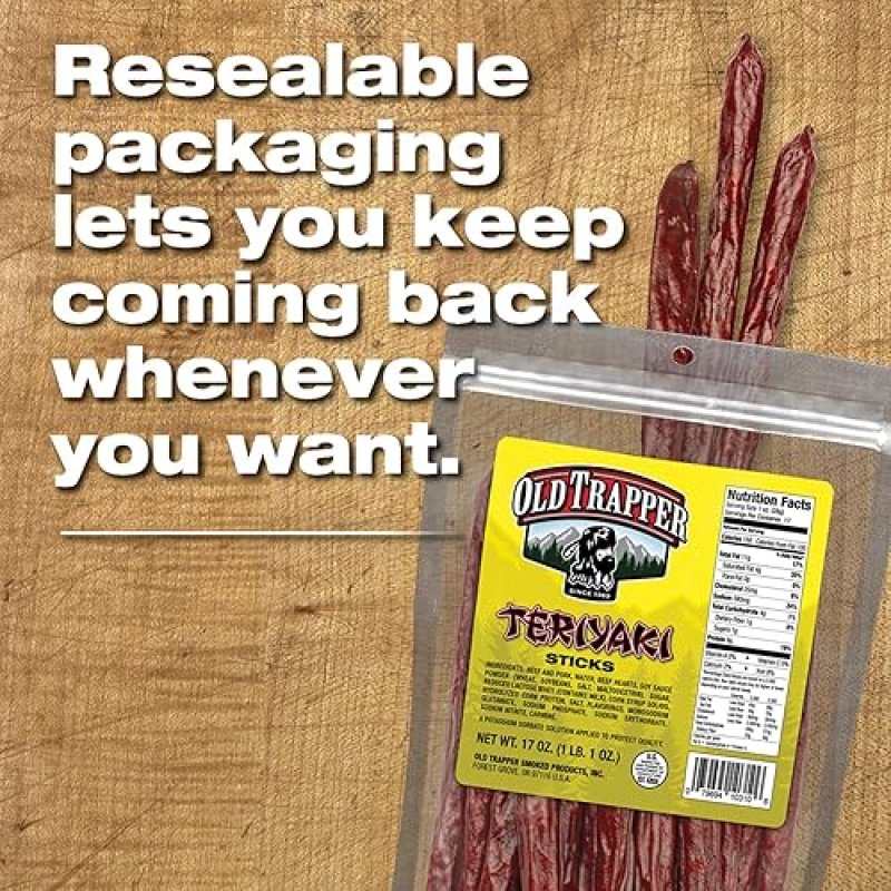 OLD TRAPPER TERIYAKI SNACK STICKS 17OZ RESEALABLE BAG NATURAL SMOKED MEAT HIGH PROTEIN