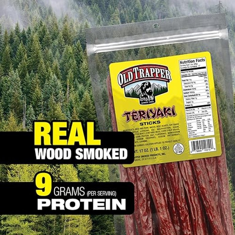 OLD TRAPPER TERIYAKI SNACK STICKS 17OZ RESEALABLE BAG NATURAL SMOKED MEAT HIGH PROTEIN