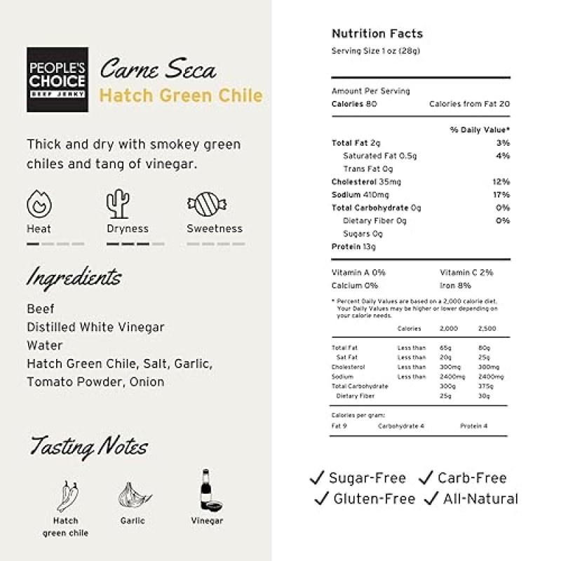 PEOPLE S CHOICE BEEF JERKY CARNE SECA HATCH GREEN CHILE 13G PROTEIN SUGAR FREE KETO 16OZ