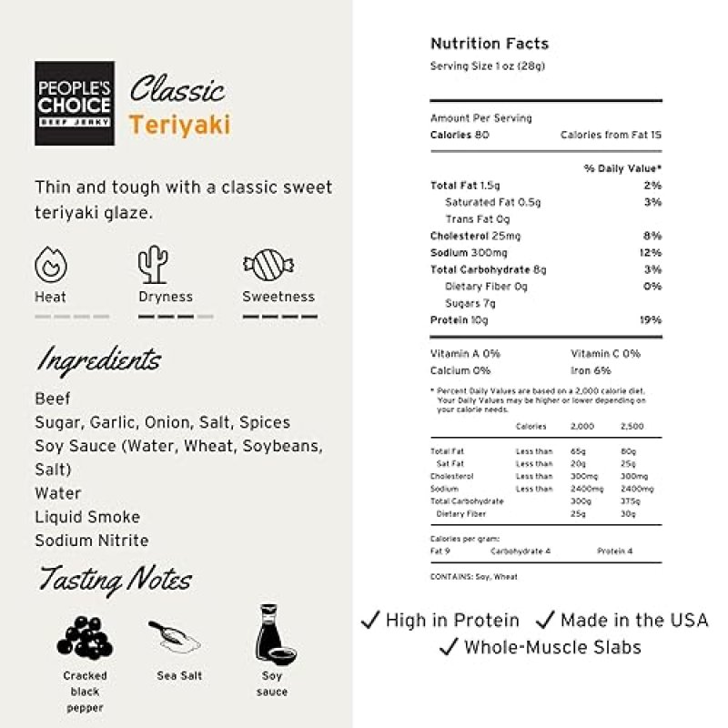 PEOPLE S CHOICE TERIYAKI BEEF JERKY THIN-SLICED WHOLE MUSCLE SLABS, 15 COUNT, 19.2 OZ