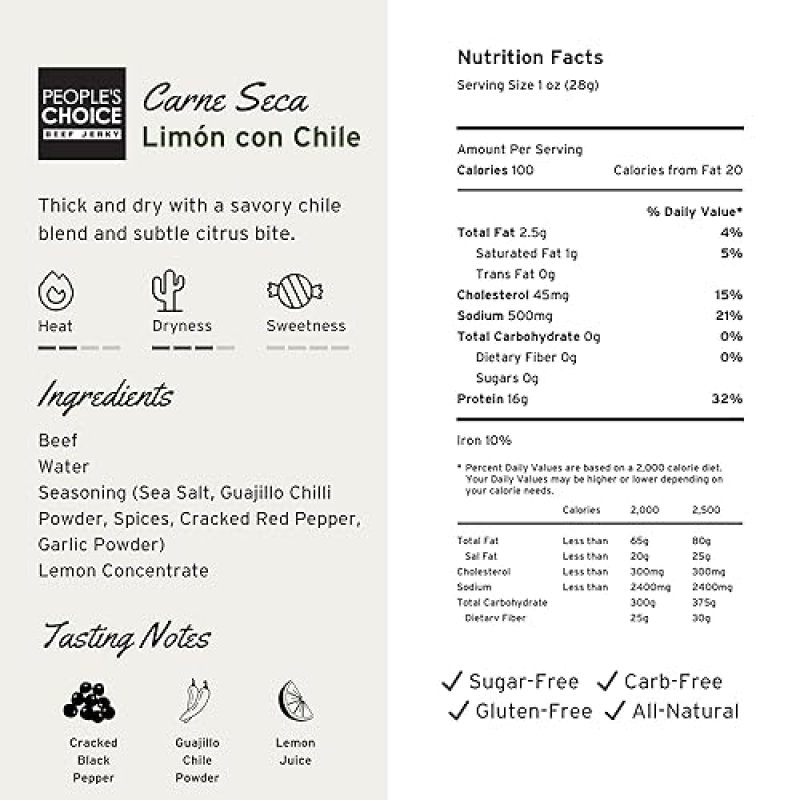 PEOPLE S CHOICE BEEF JERKY LIMóN CON CHILE 16G PROTEIN, SUGAR FREE, ZERO CARB, KETO 1 LB USA