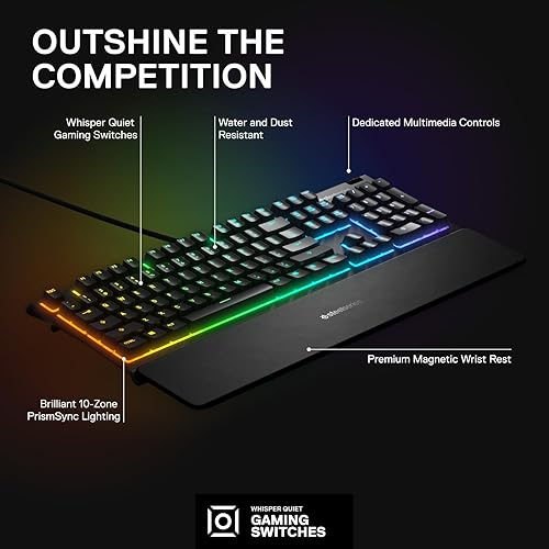 STEELSERIES APEX 3 RGB GAMING KEYBOARD WITH 10-ZONE LIGHTING, IP32 WATER RESISTANT WRIST REST