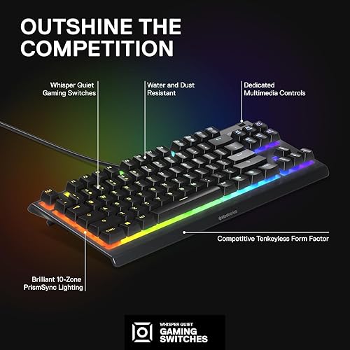 STEELSERIES APEX 3 TKL RGB GAMING KEYBOARD TENKEYLESS, IP32 WATER RESISTANT, ANTI-GHOSTING