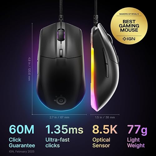 STEELSERIES RIVAL 3 GEN 2 GAMING MOUSE 8500 DPI OPTICAL SENSOR 60M CLICKS RGB BLACK