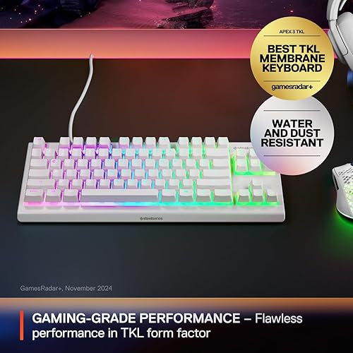 STEELSERIES APEX 3 TKL WHITE RGB GAMING KEYBOARD TENKEYLESS, WATER-RESISTANT, QUIET SWITCH
